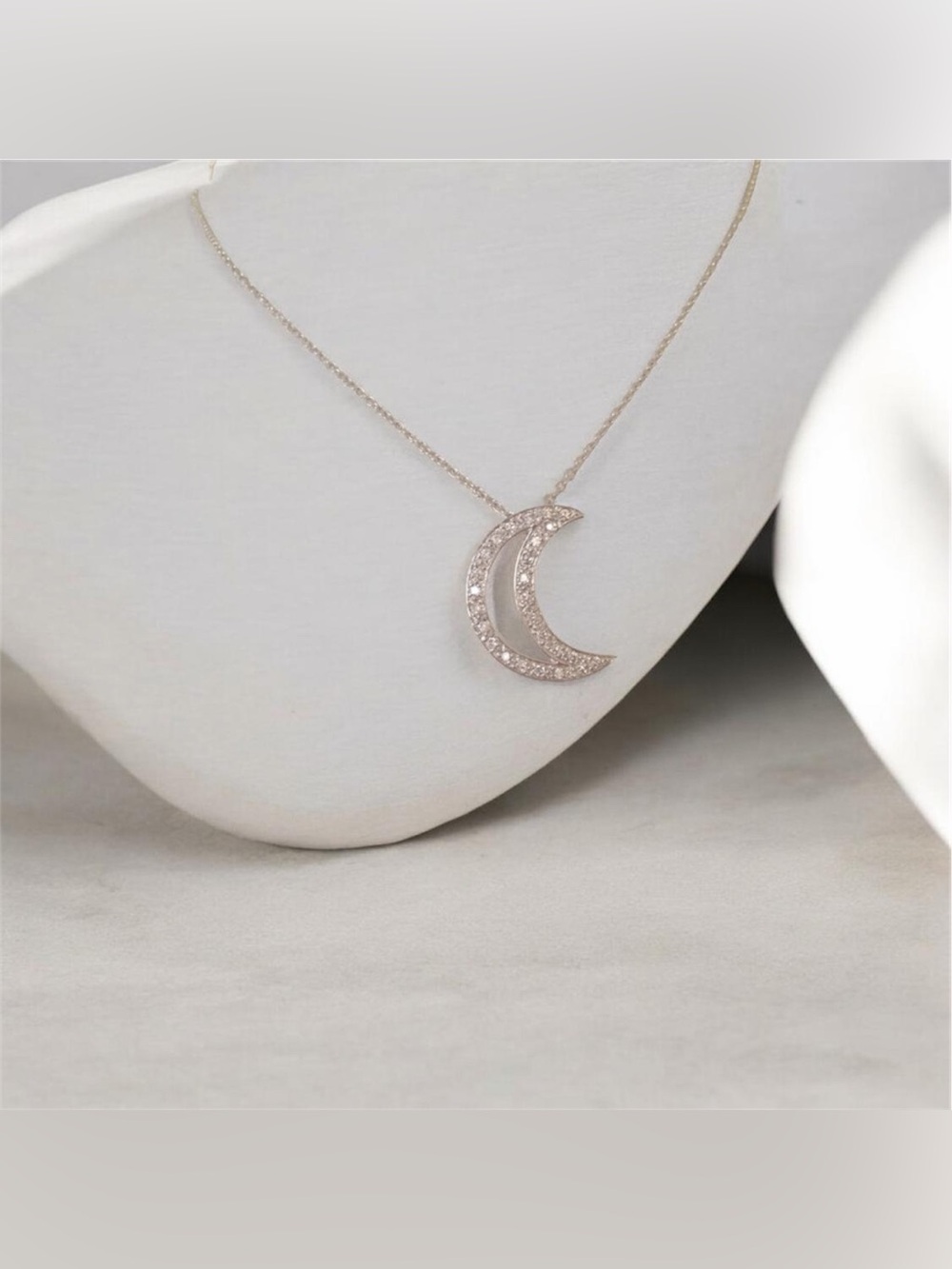 .925 Sterling Silver Pave CZ Crescent‎ Moon Necklace